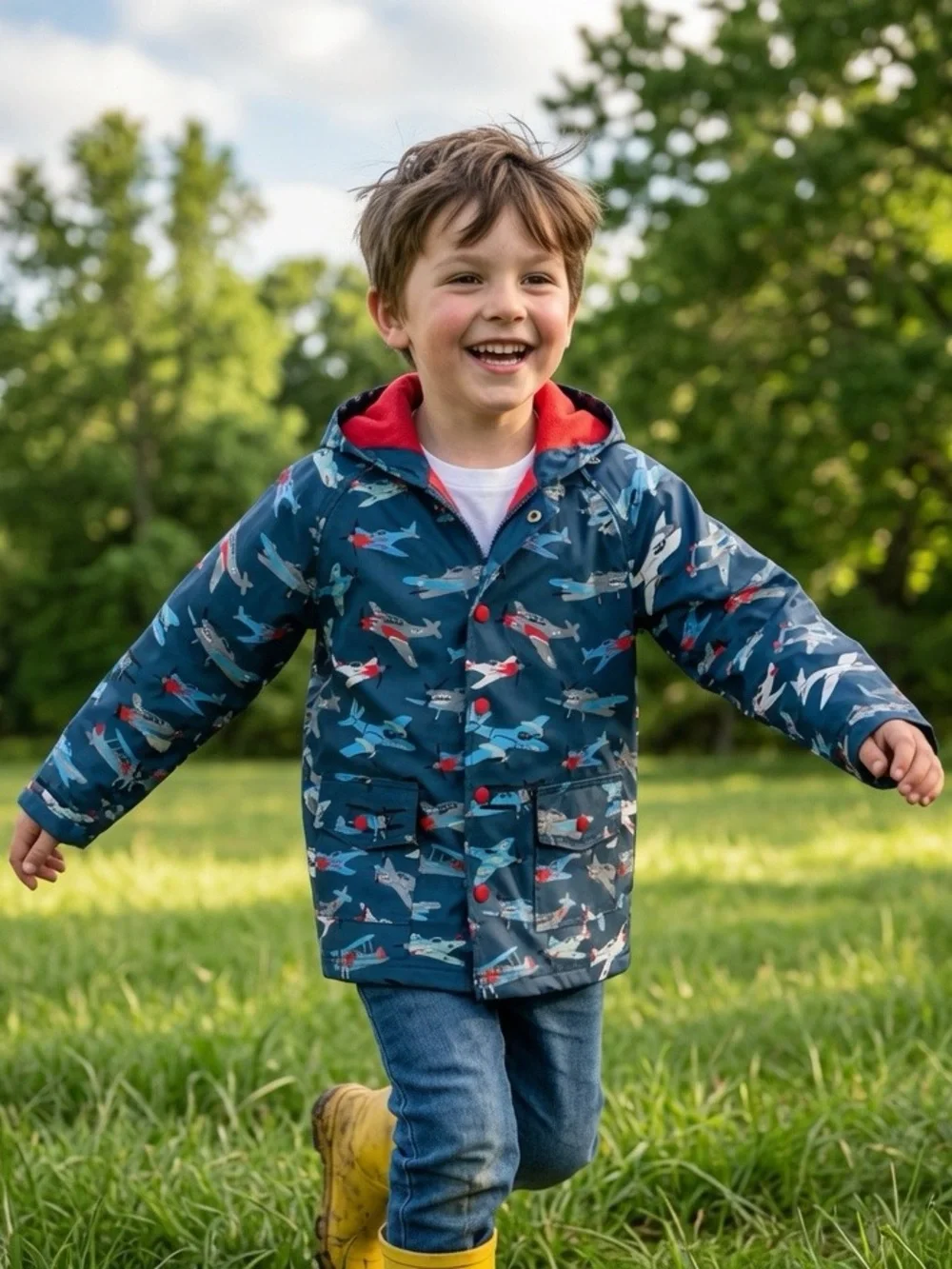 Hatley Boys Navy Airplane Print Raincoat with Red Lining